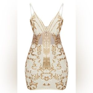 NWT PLT Gold Strappy Sheer Panel Sequin Bodycon Dress size UK 6 (US 2)
